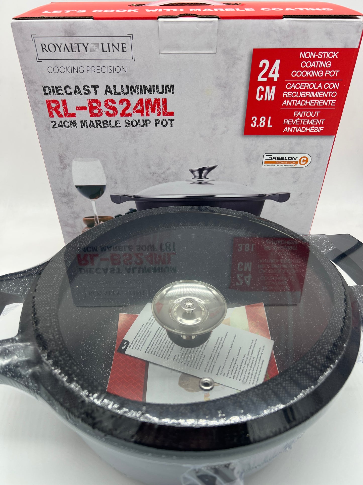 Kochtopf Aluguss Ø24cm Suppentopf Casserole Marmor Beschichtung Glasdeckel